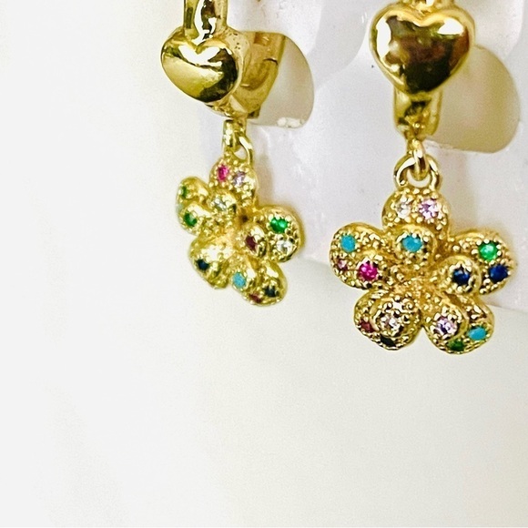 Gold plated Earrings Huggie Dangle Flower - Picture 2 of 3